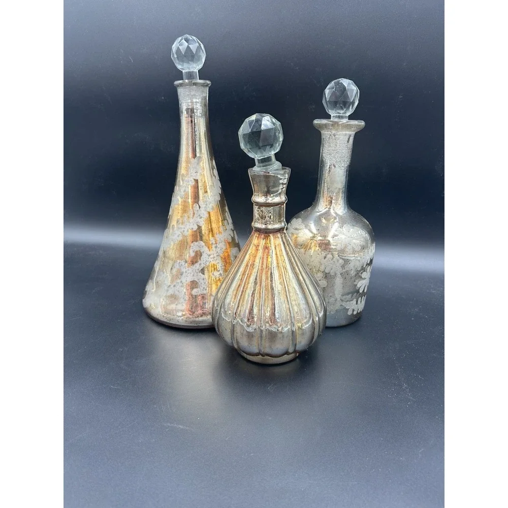 Gold Mercury Glass Decanters w/ Crystal Stoppers Vintage Style Set Of 3
